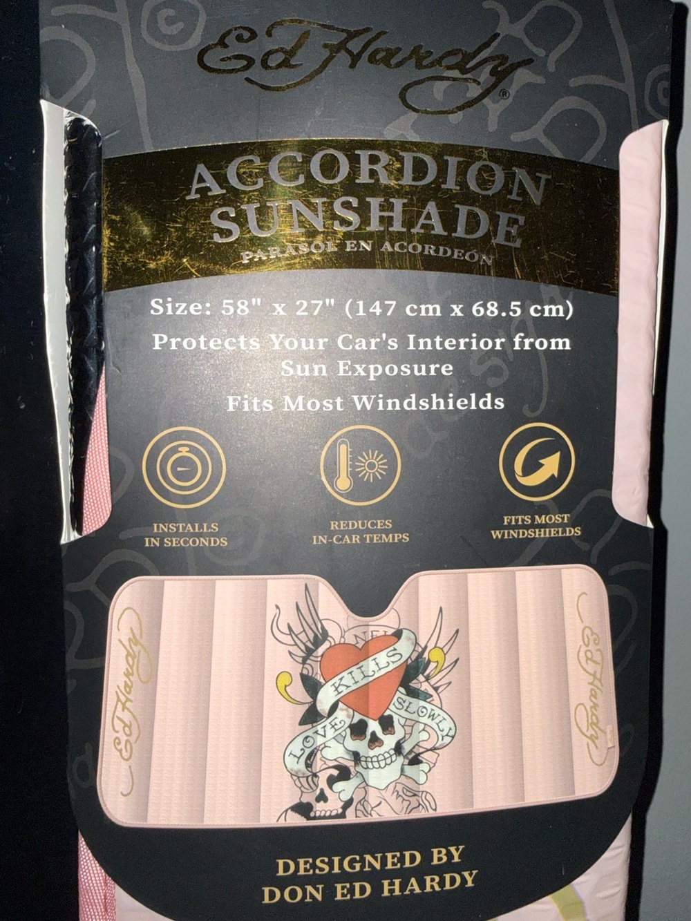 Ed Hardy Pink Accordion Sunshade with Tattoo Skull Graphic